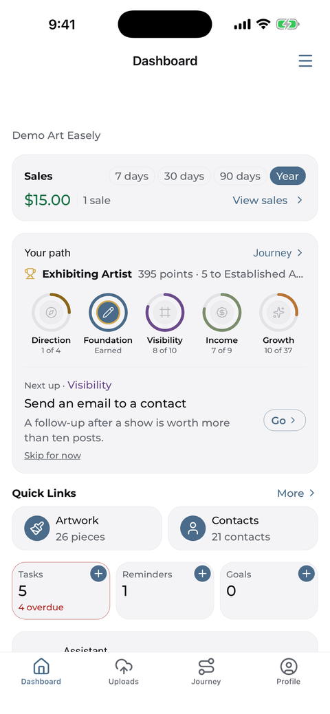 The Art Easely app dashboard: net sales for the year, the five pillars of Your path with the next step, and tiles for tasks, reminders and goals