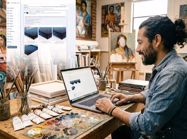 Artist in a studio choosing canvas print options in Art Easely on a laptop