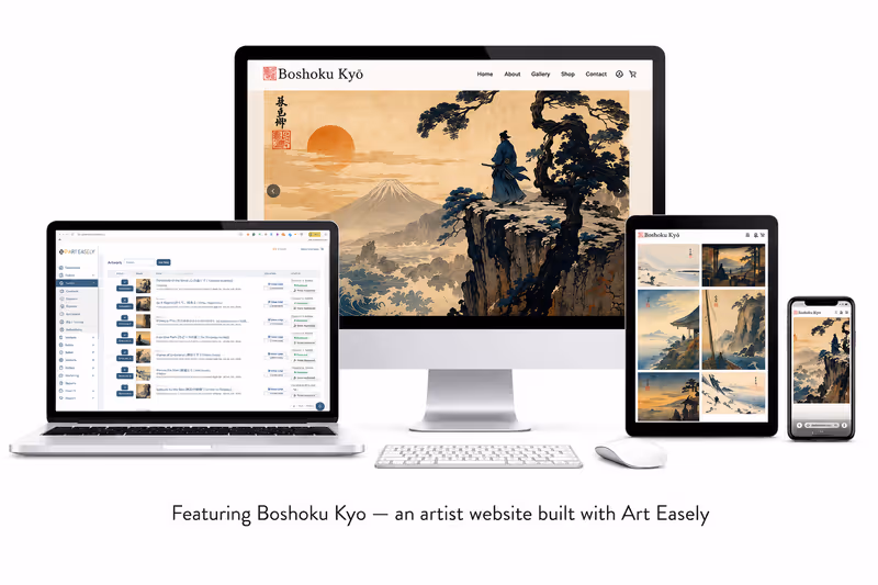 Artist website and Art Easely portal shown on desktop, laptop, tablet, and phone — featuring Boshoku Kyō, an artist website built with Art Easely